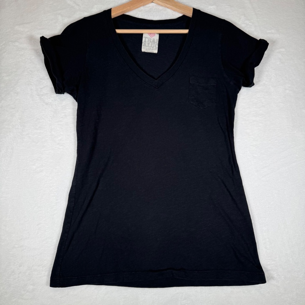 Zara Trafaluc Black Slub Jersey V-Neck Pocket T-Shirt Womens L | Basic - Picture 2 of 6